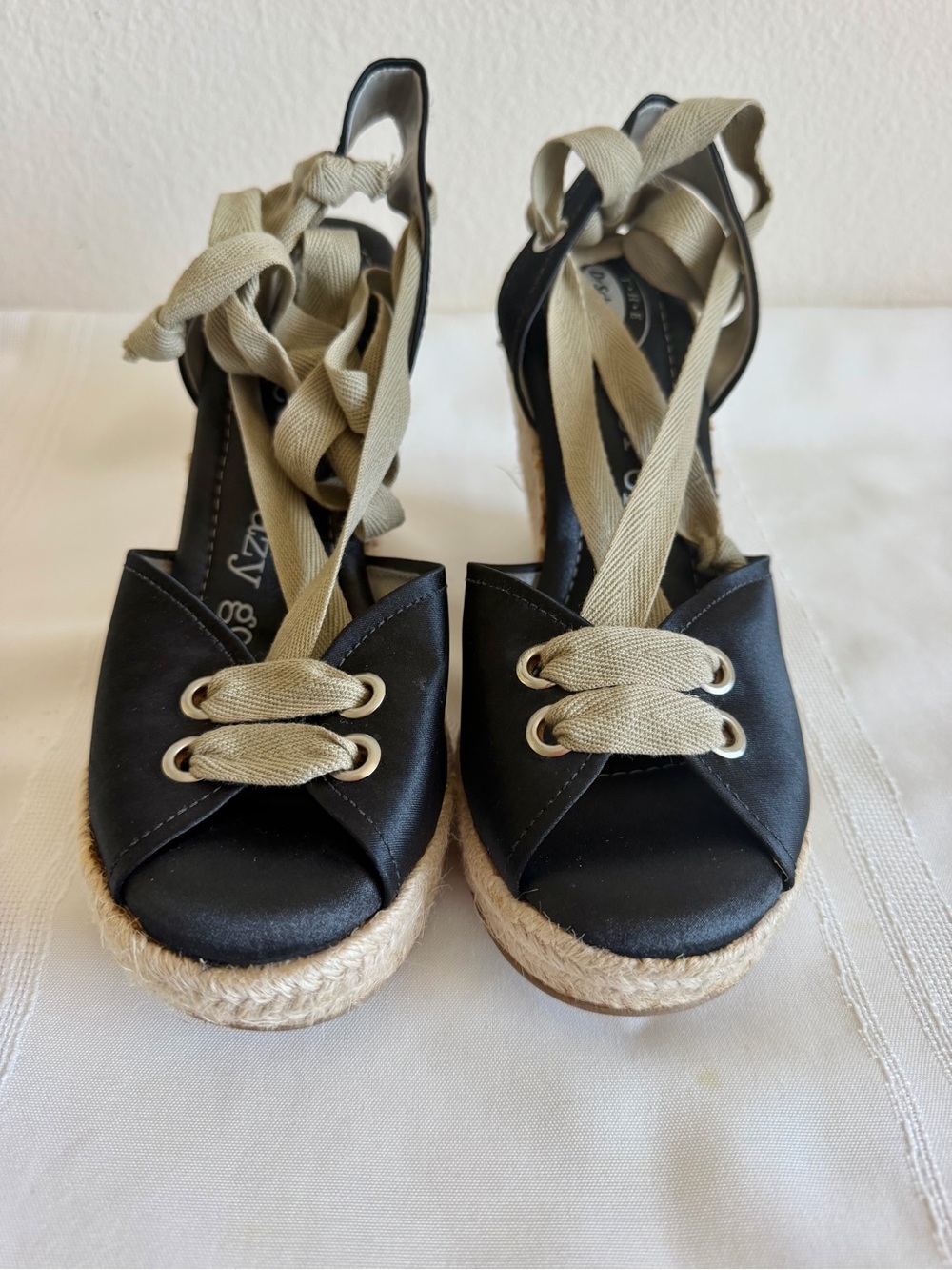 Dr. Scholl's Black Espadrille Wedge Sandals with Beige Wrap Laces